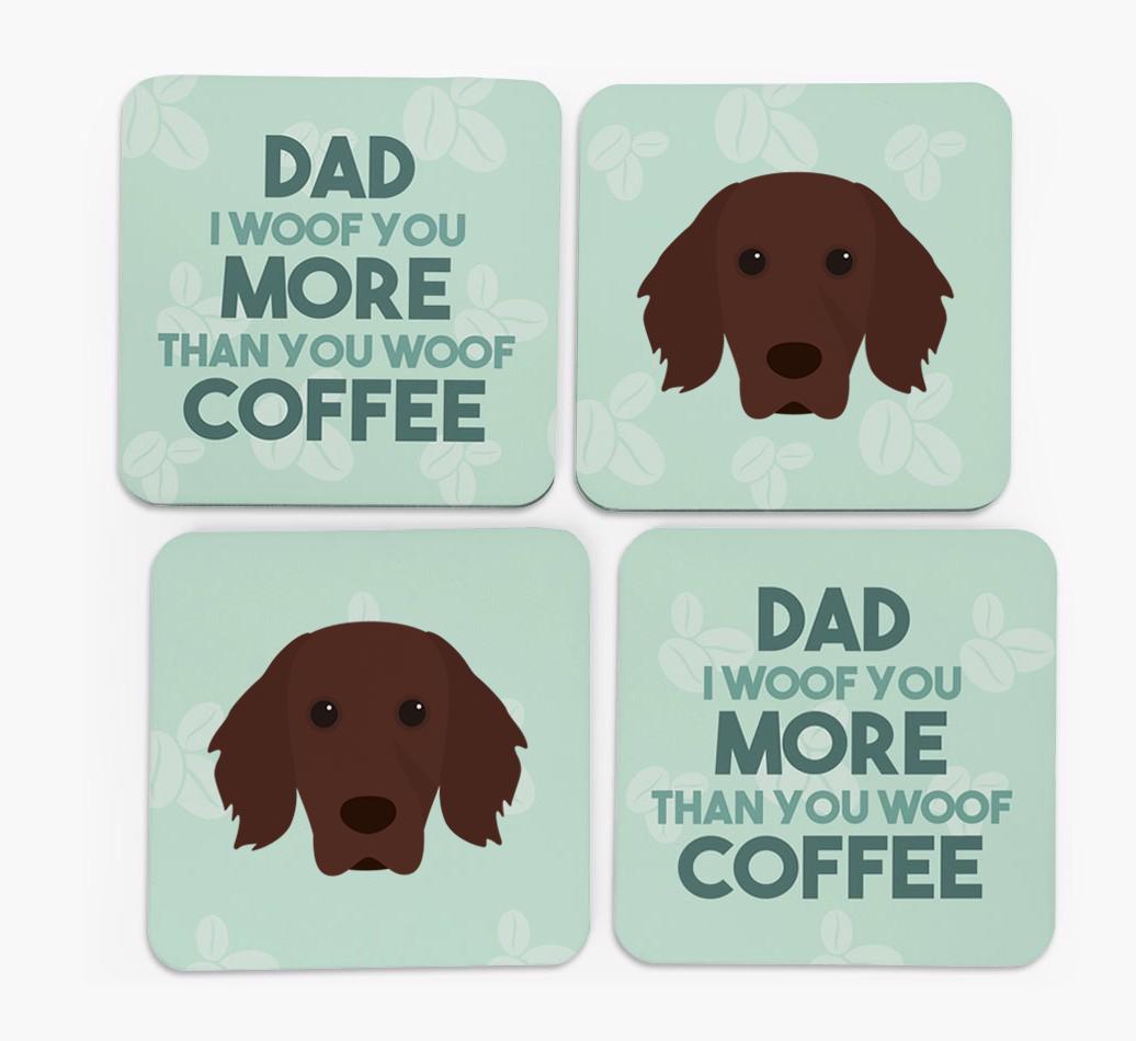 'Dad I woof you more than you woof coffee' Coasters with {breedFullName} Icon