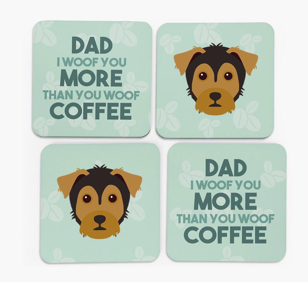 'Dad I woof you more than you woof coffee' Coasters with {breedFullName} Icon
