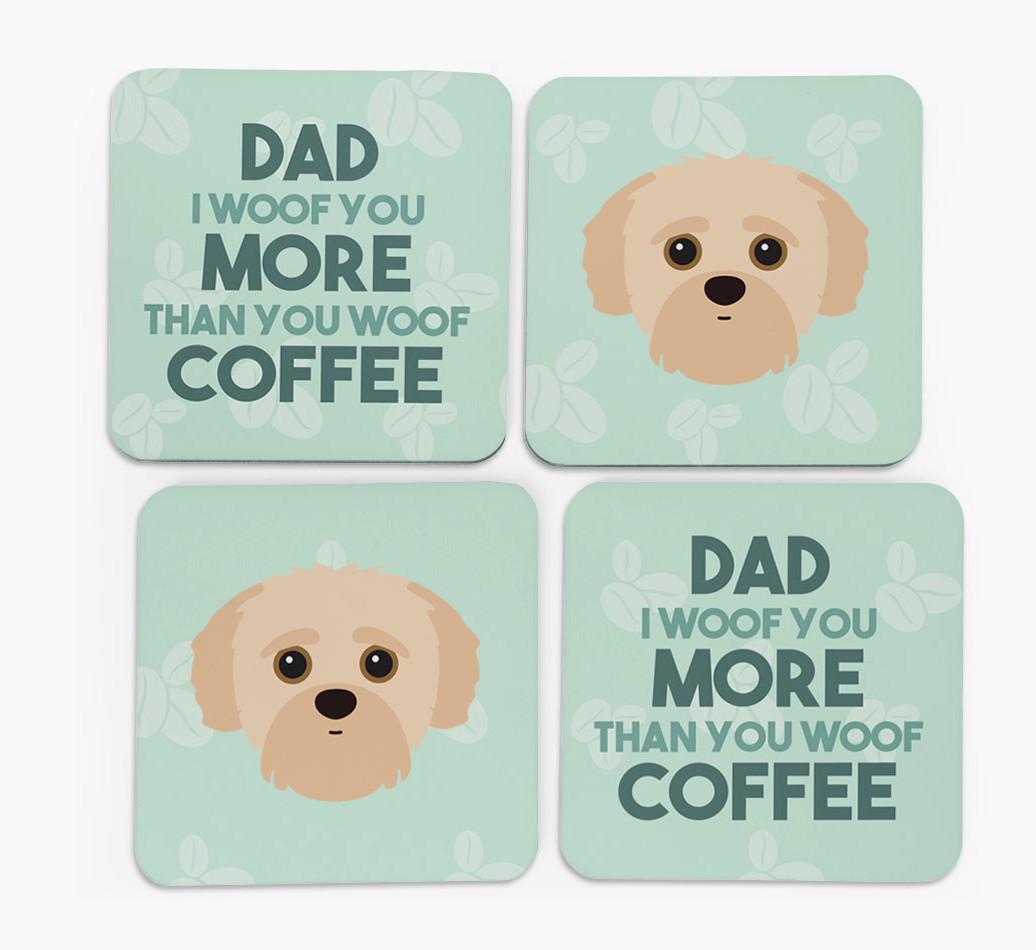 'Dad I woof you more than you woof coffee' Coasters with {breedFullName} Icon