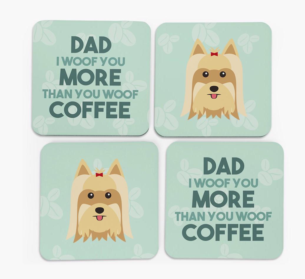 'Dad I woof you more than you woof coffee' Coasters with {breedFullName} Icon