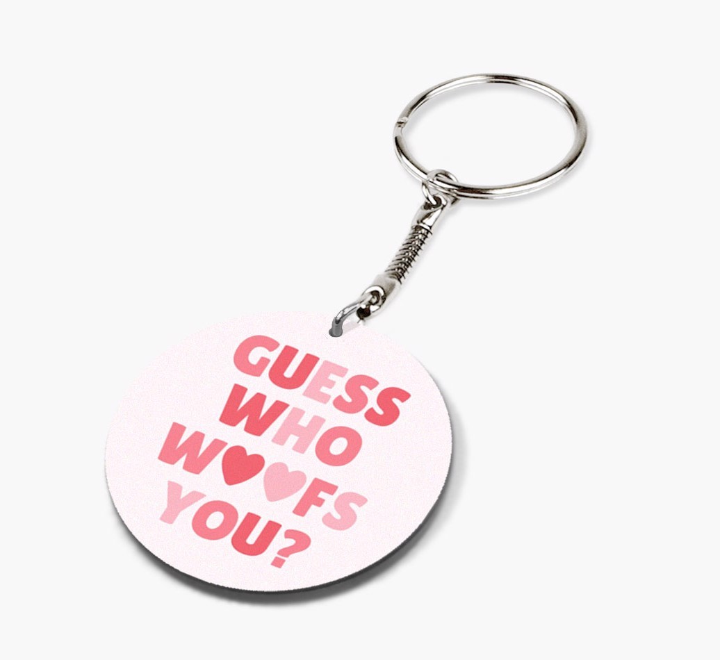 Double-sided 'Guess Who Woofs You' keychain with {breedFullName} Icon