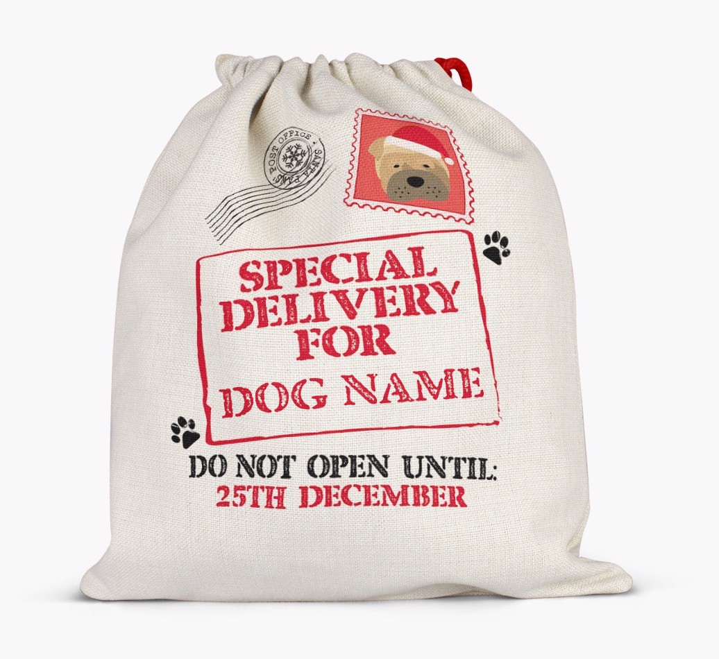 Special Delivery for {dogsName}: Personalised {breedFullName} Santa Sack
