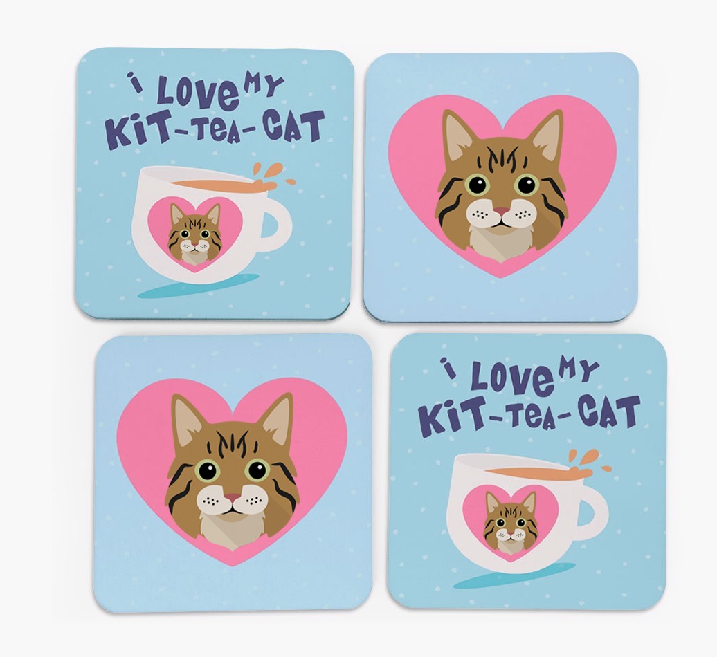 'I Love My Kit-Tea-Cat' - Personalised {breedFullName} Coasters (Set of 4)