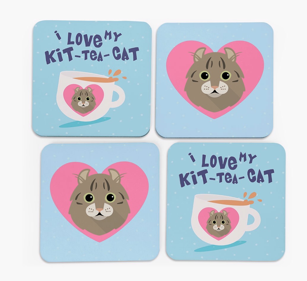 'I Love My Kit-Tea-Cat' - Personalised {breedFullName} Coasters (Set of 4)