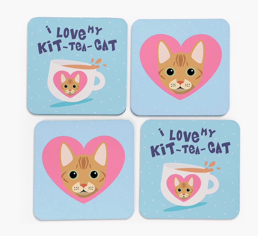 'I Love My Kit-Tea-Cat' - Personalised {breedFullName} Coasters (Set of 4)
