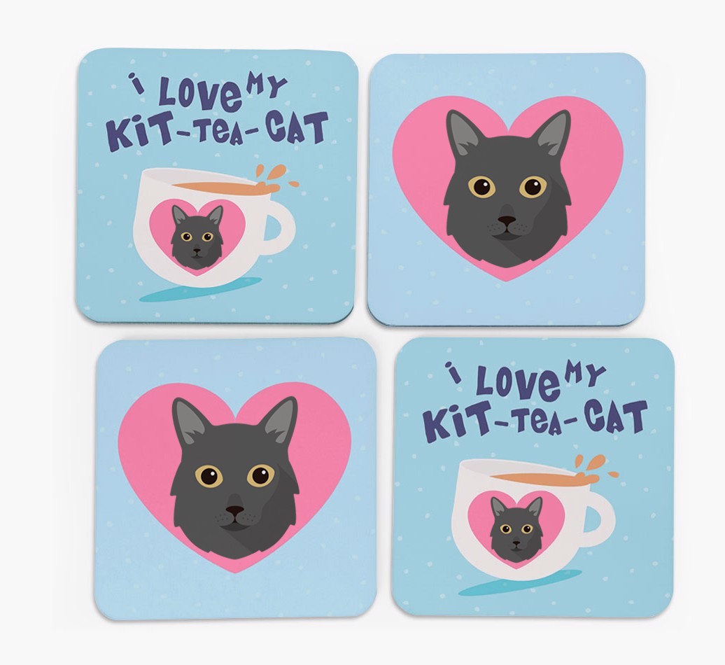 'I Love My Kit-Tea-Cat' - Personalised {breedFullName} Coasters (Set of 4)