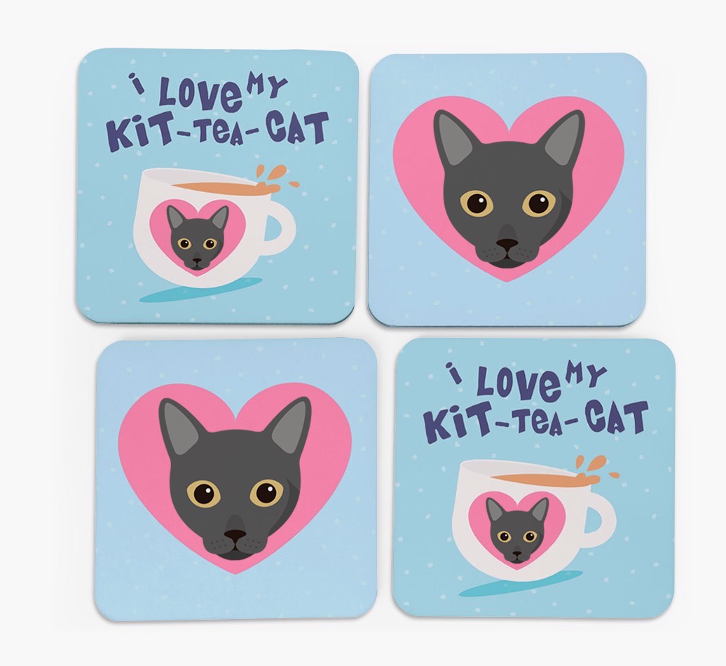 'I Love My Kit-Tea-Cat' - Personalised {breedFullName} Coasters (Set of 4)