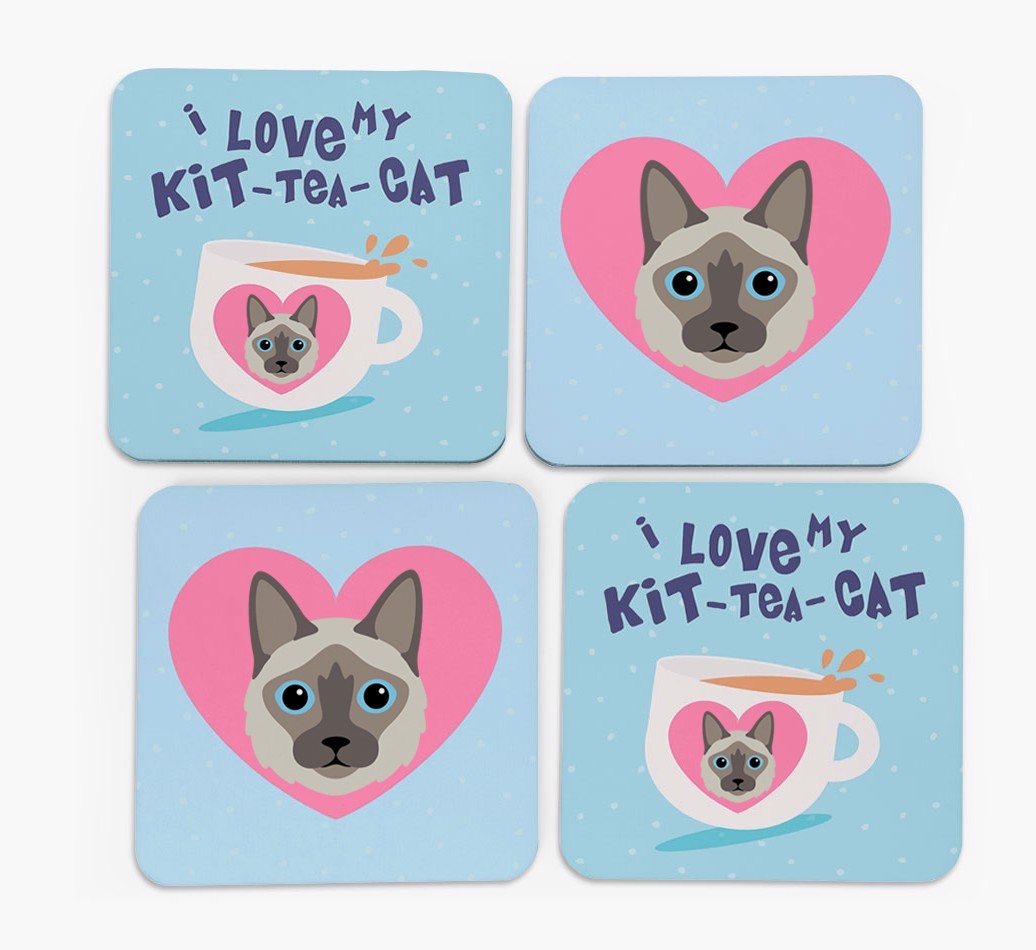 'I Love My Kit-Tea-Cat' - Personalised {breedFullName} Coasters (Set of 4)