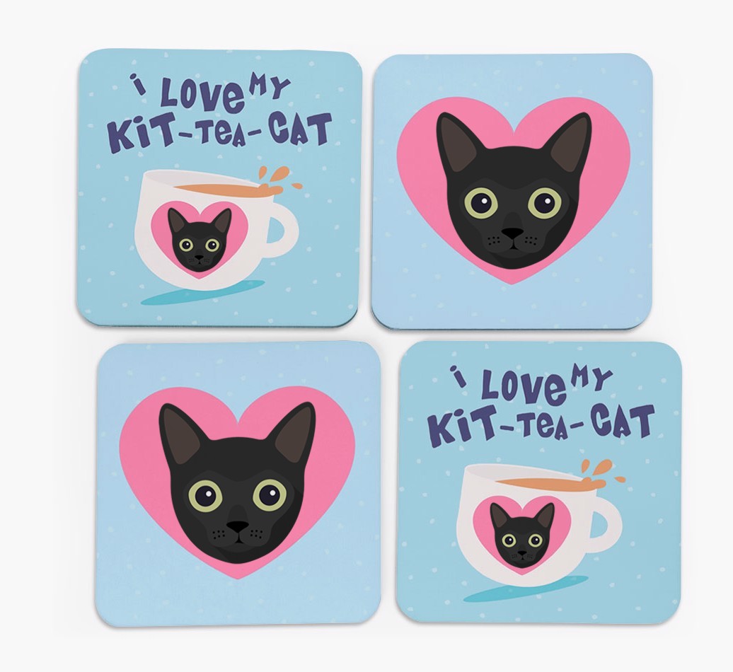 'I Love My Kit-Tea-Cat' - Personalised {breedFullName} Coasters (Set of 4)