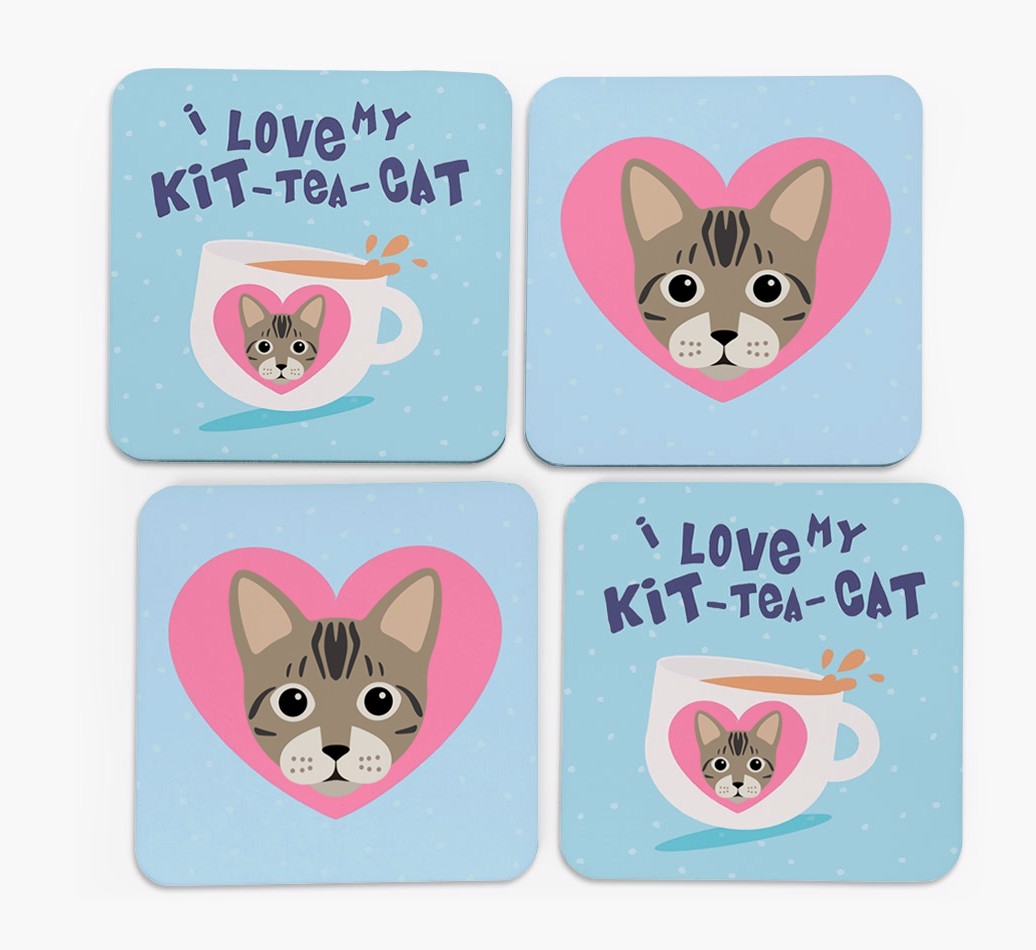 'I Love My Kit-Tea-Cat' - Personalised {breedFullName} Coasters (Set of 4)