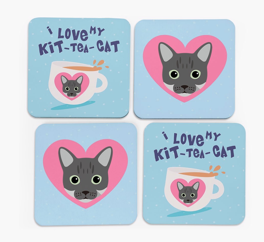 'I Love My Kit-Tea-Cat' - Personalised {breedFullName} Coasters (Set of 4)