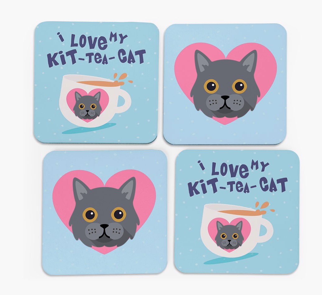 'I Love My Kit-Tea-Cat' - Personalised {breedFullName} Coasters (Set of 4)