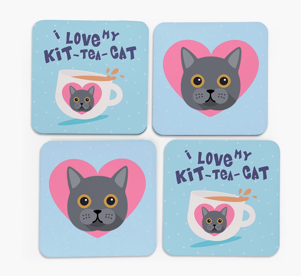 'I Love My Kit-Tea-Cat' - Personalised {breedFullName} Coasters (Set of 4)