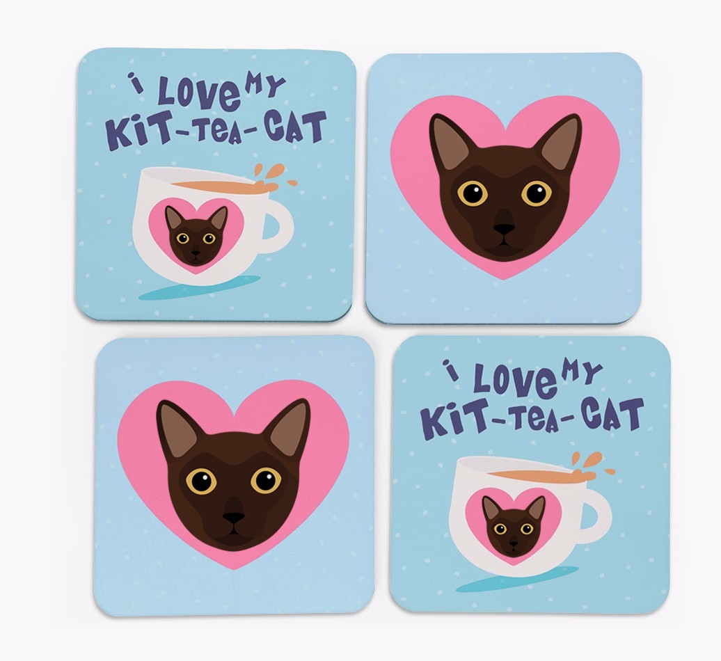 'I Love My Kit-Tea-Cat' - Personalised {breedFullName} Coasters (Set of 4)