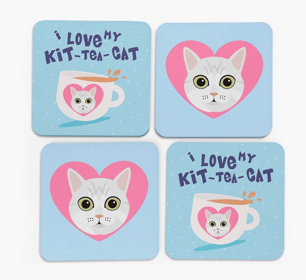 'I Love My Kit-Tea-Cat' - Personalised {breedFullName} Coasters (Set of 4)
