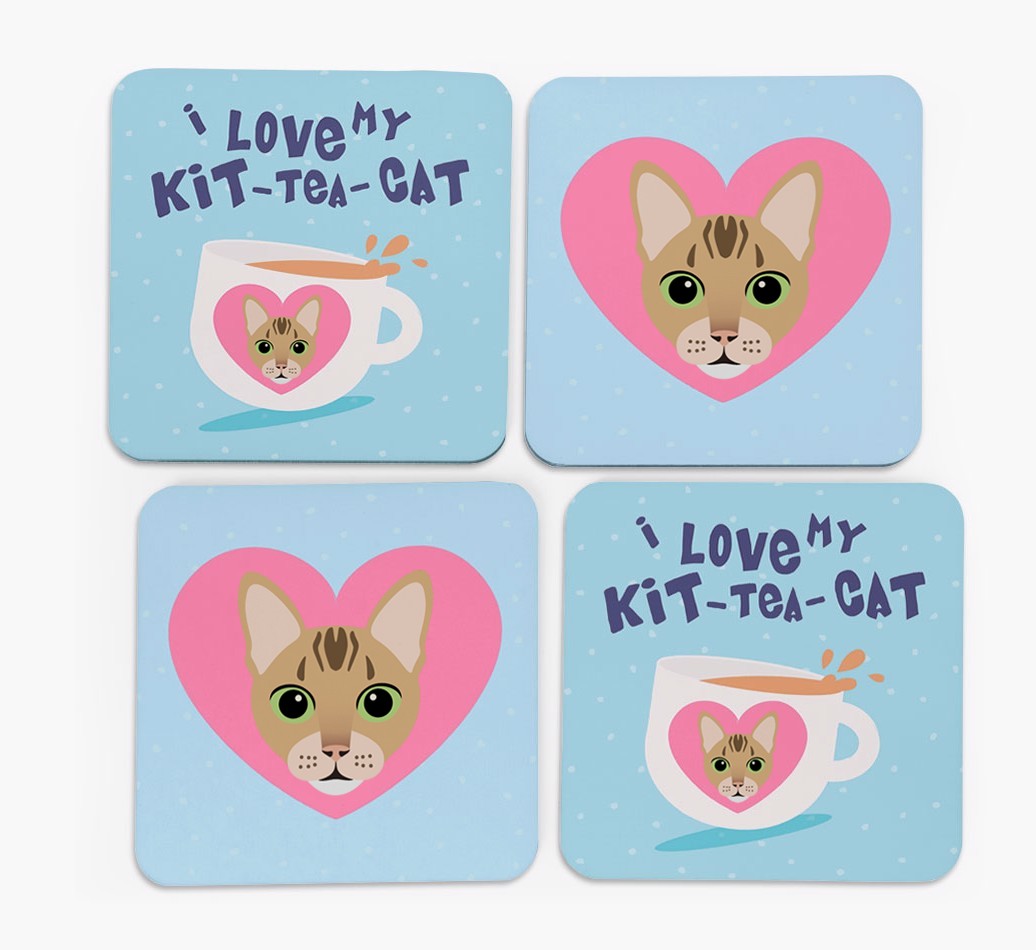 'I Love My Kit-Tea-Cat' - Personalised {breedFullName} Coasters (Set of 4)