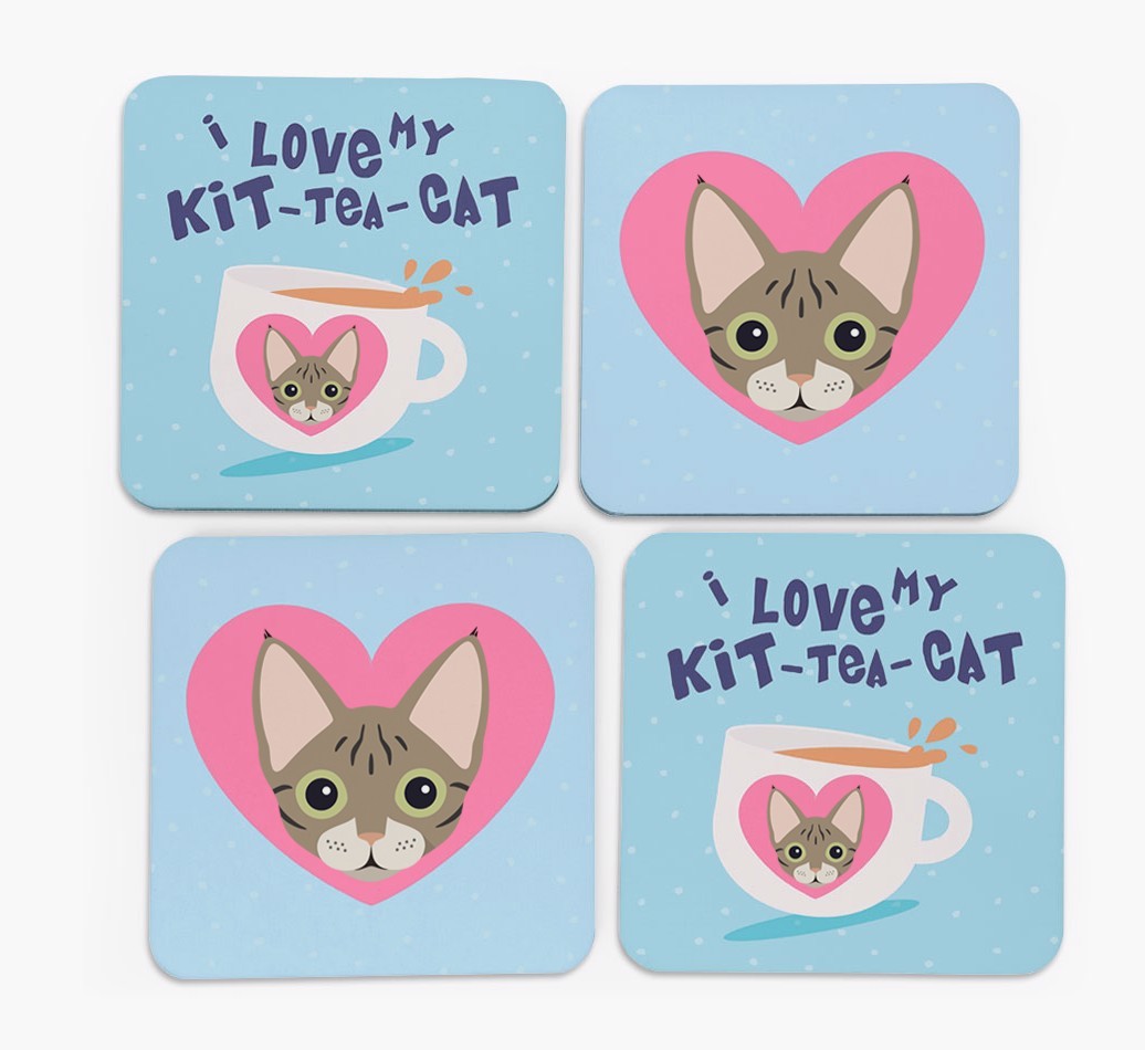 'I Love My Kit-Tea-Cat' - Personalised {breedFullName} Coasters (Set of 4)
