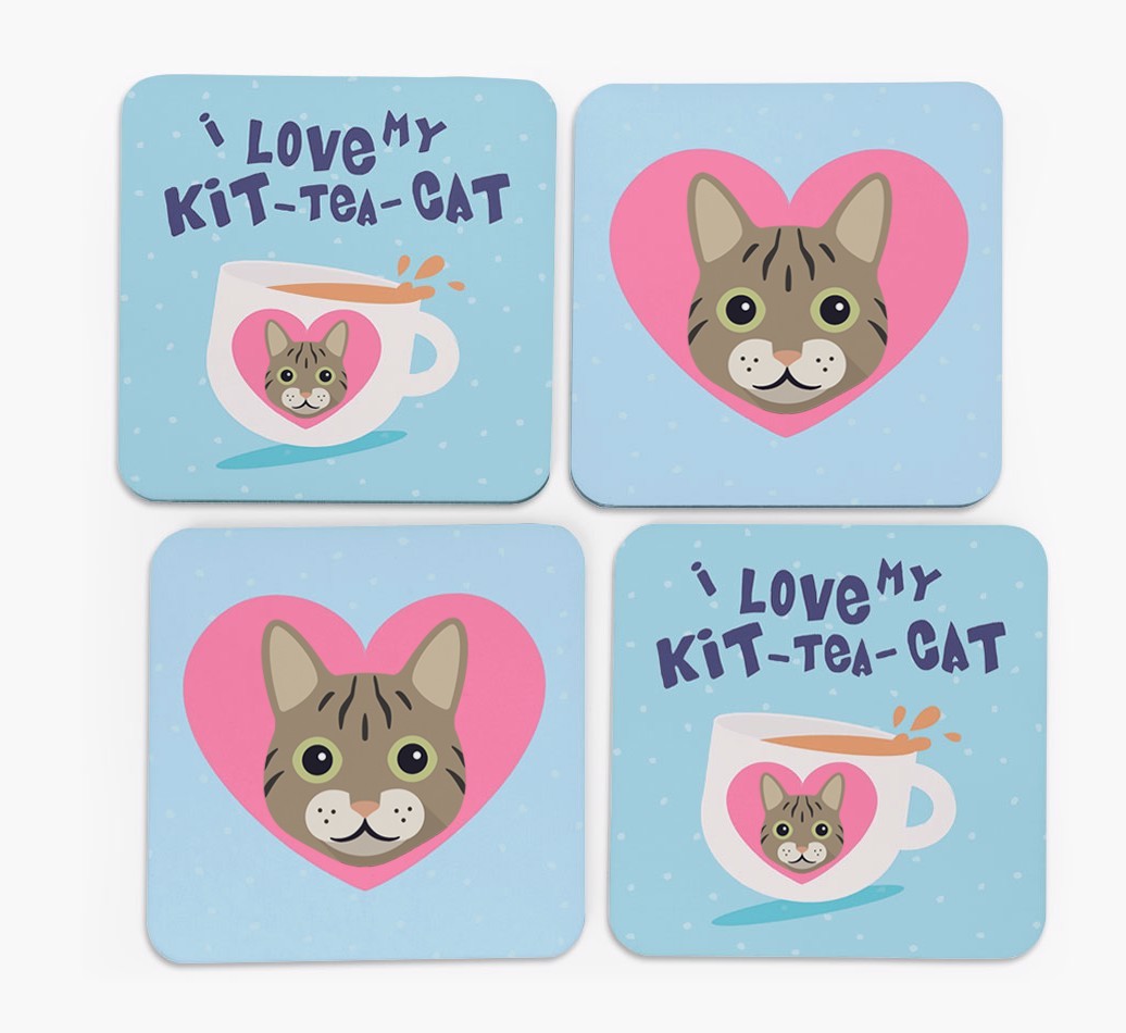 'I Love My Kit-Tea-Cat' - Personalised {breedFullName} Coasters (Set of 4)
