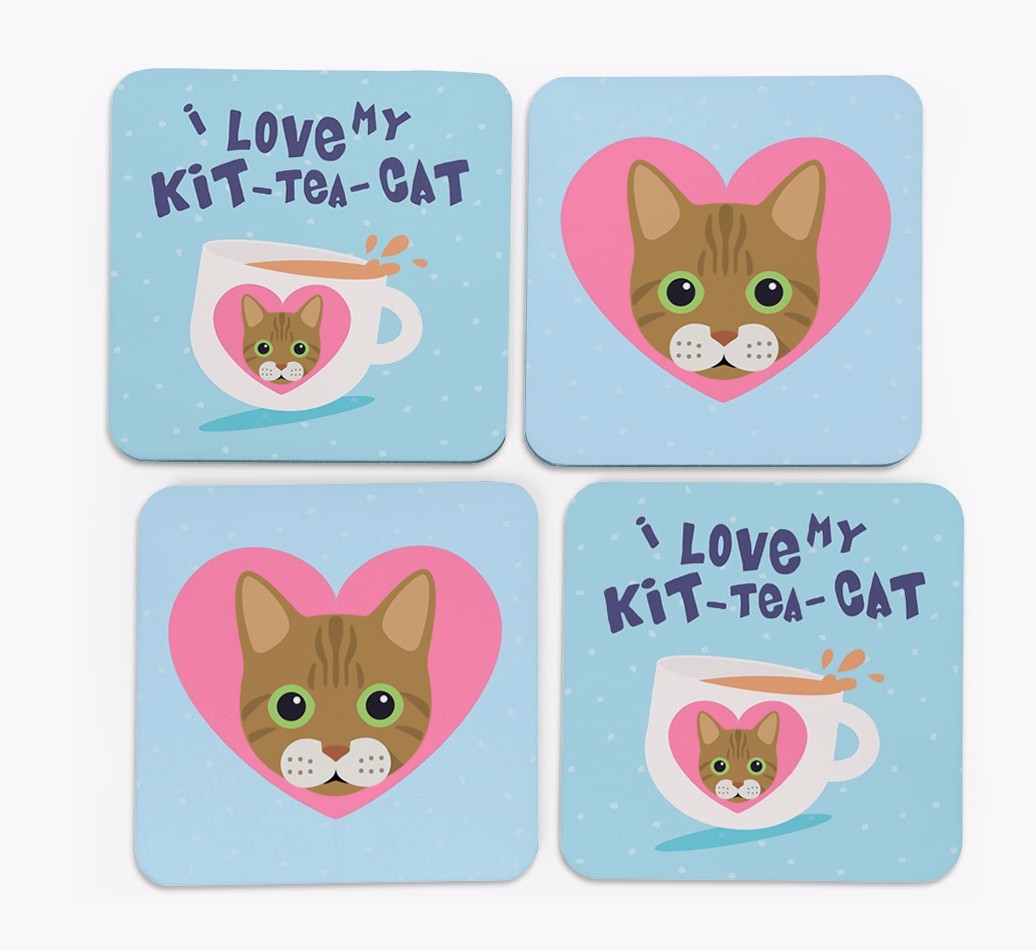 'I Love My Kit-Tea-Cat' - Personalised {breedFullName} Coasters (Set of 4)