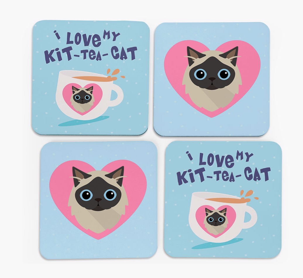'I Love My Kit-Tea-Cat' - Personalised {breedFullName} Coasters (Set of 4)