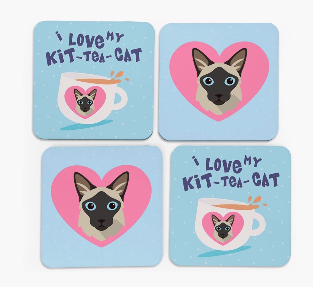 'I Love My Kit-Tea-Cat' - Personalised {breedFullName} Coasters (Set of 4)