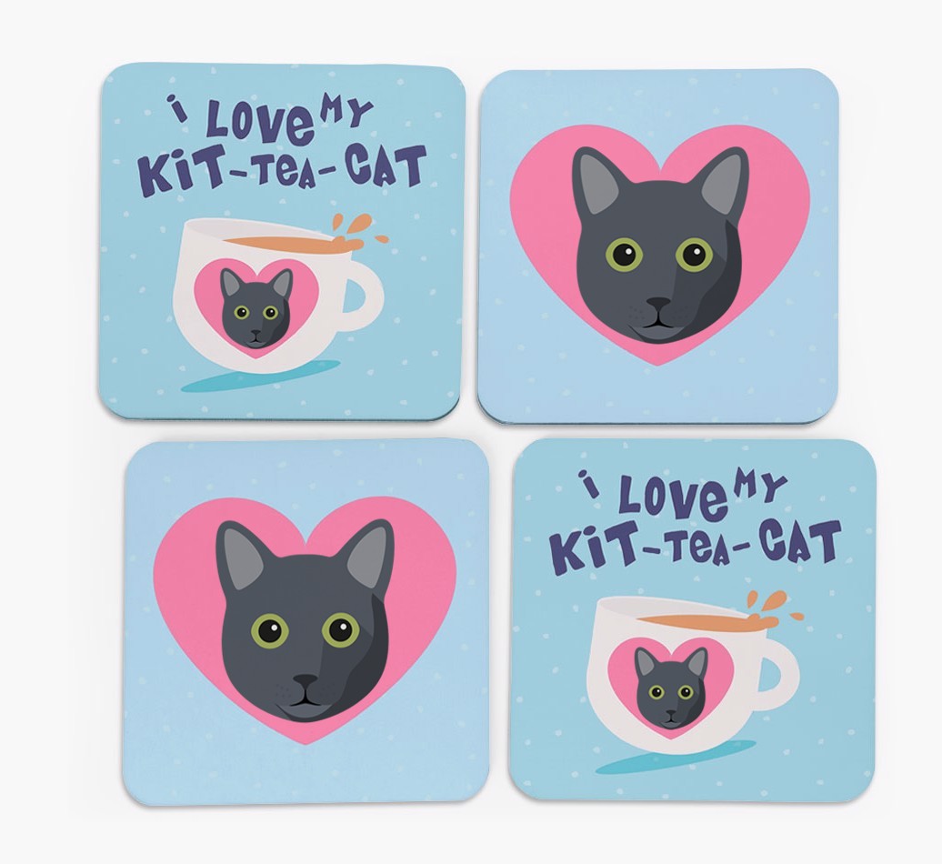 'I Love My Kit-Tea-Cat' - Personalised {breedFullName} Coasters (Set of 4)