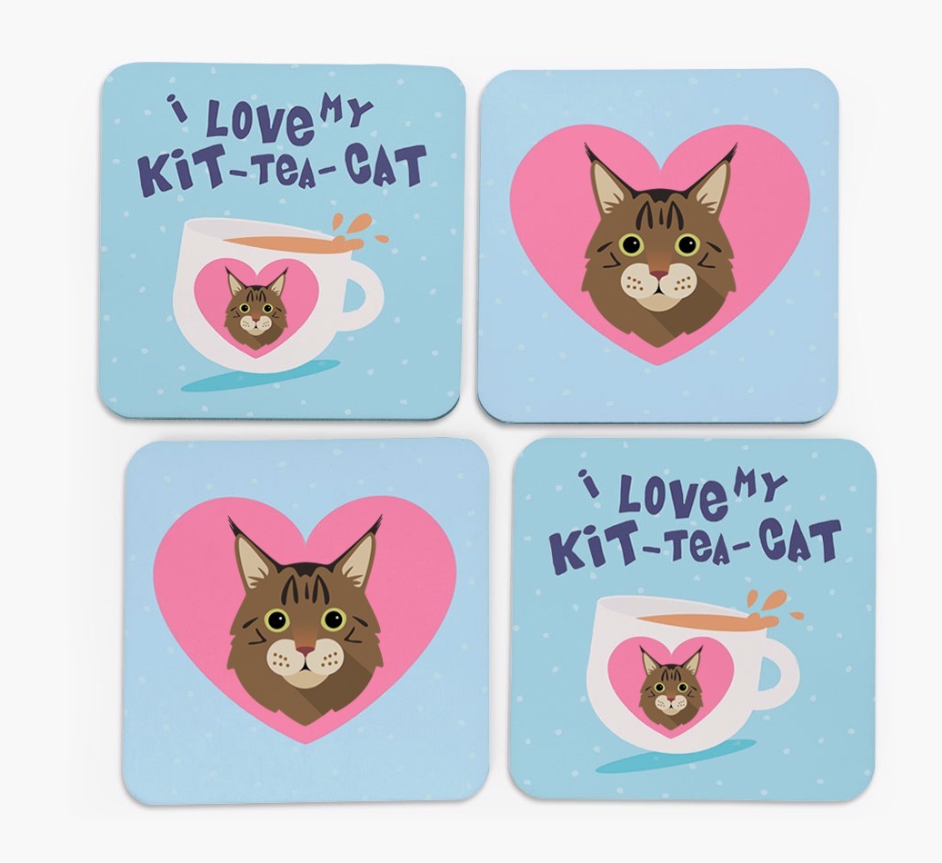 'I Love My Kit-Tea-Cat' - Personalised {breedFullName} Coasters (Set of 4)