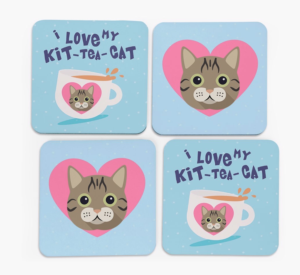 'I Love My Kit-Tea-Cat' - Personalised {breedFullName} Coasters (Set of 4)