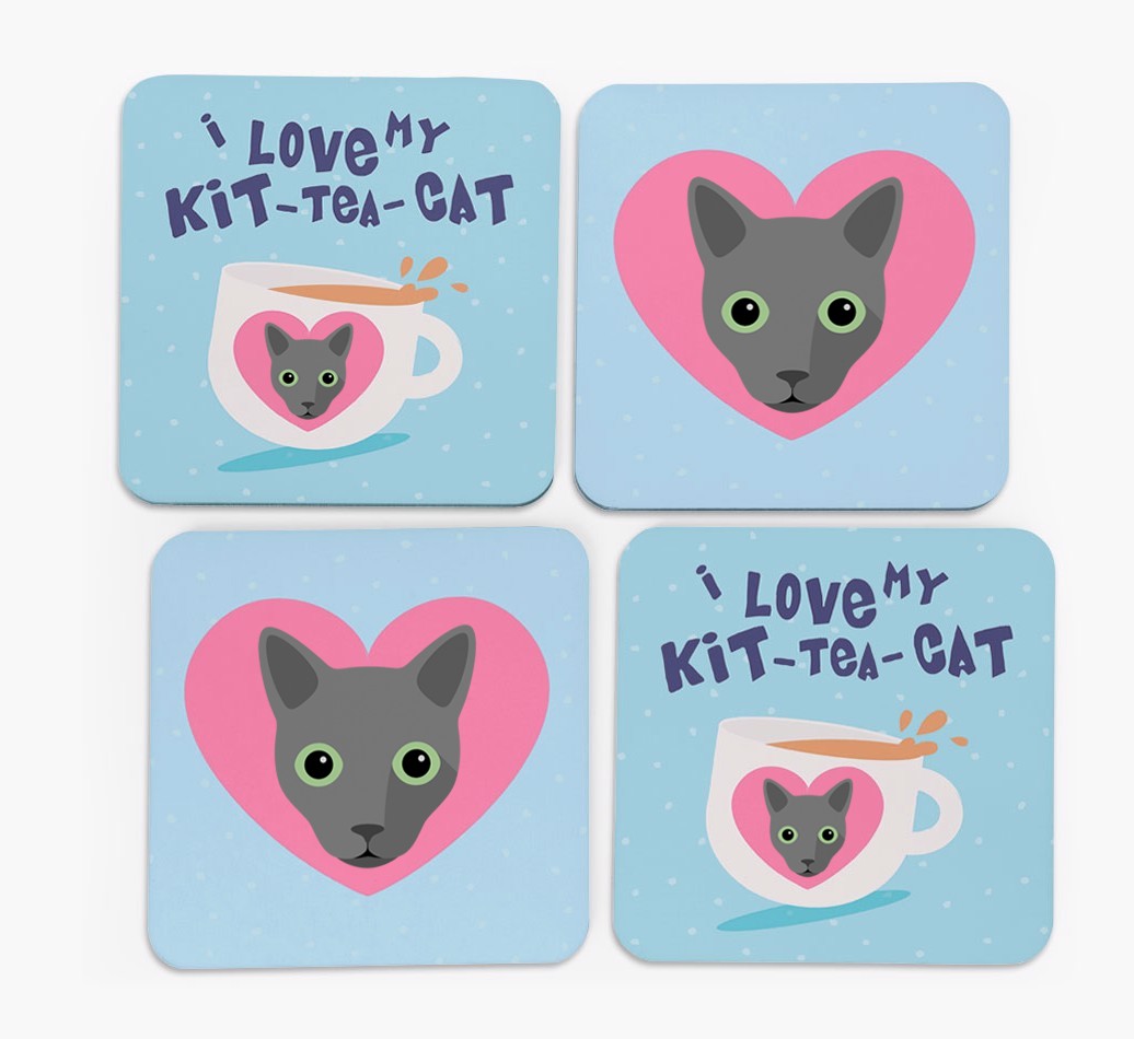 'I Love My Kit-Tea-Cat' - Personalised {breedFullName} Coasters (Set of 4)