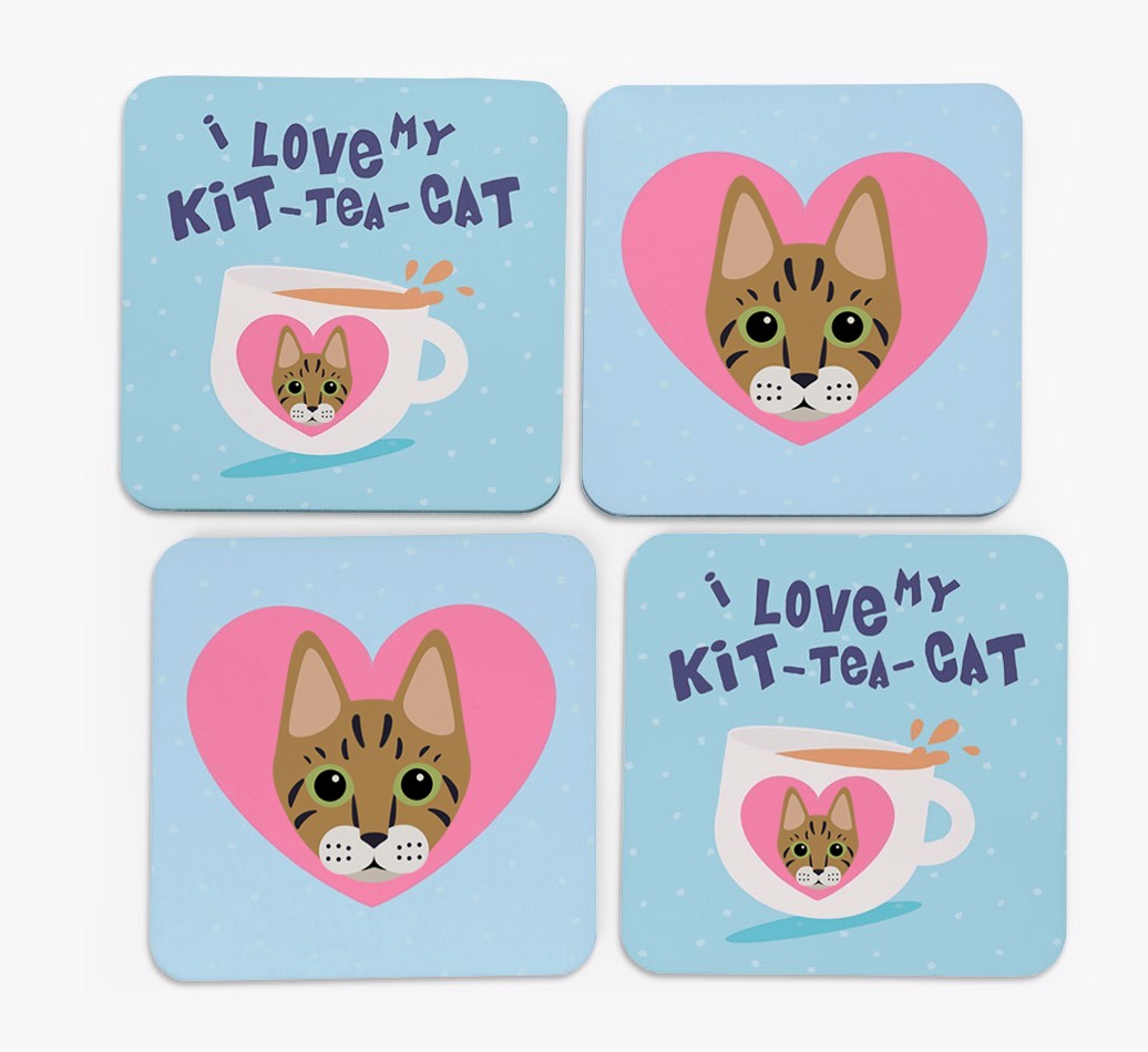 'I Love My Kit-Tea-Cat' - Personalised {breedFullName} Coasters (Set of 4)