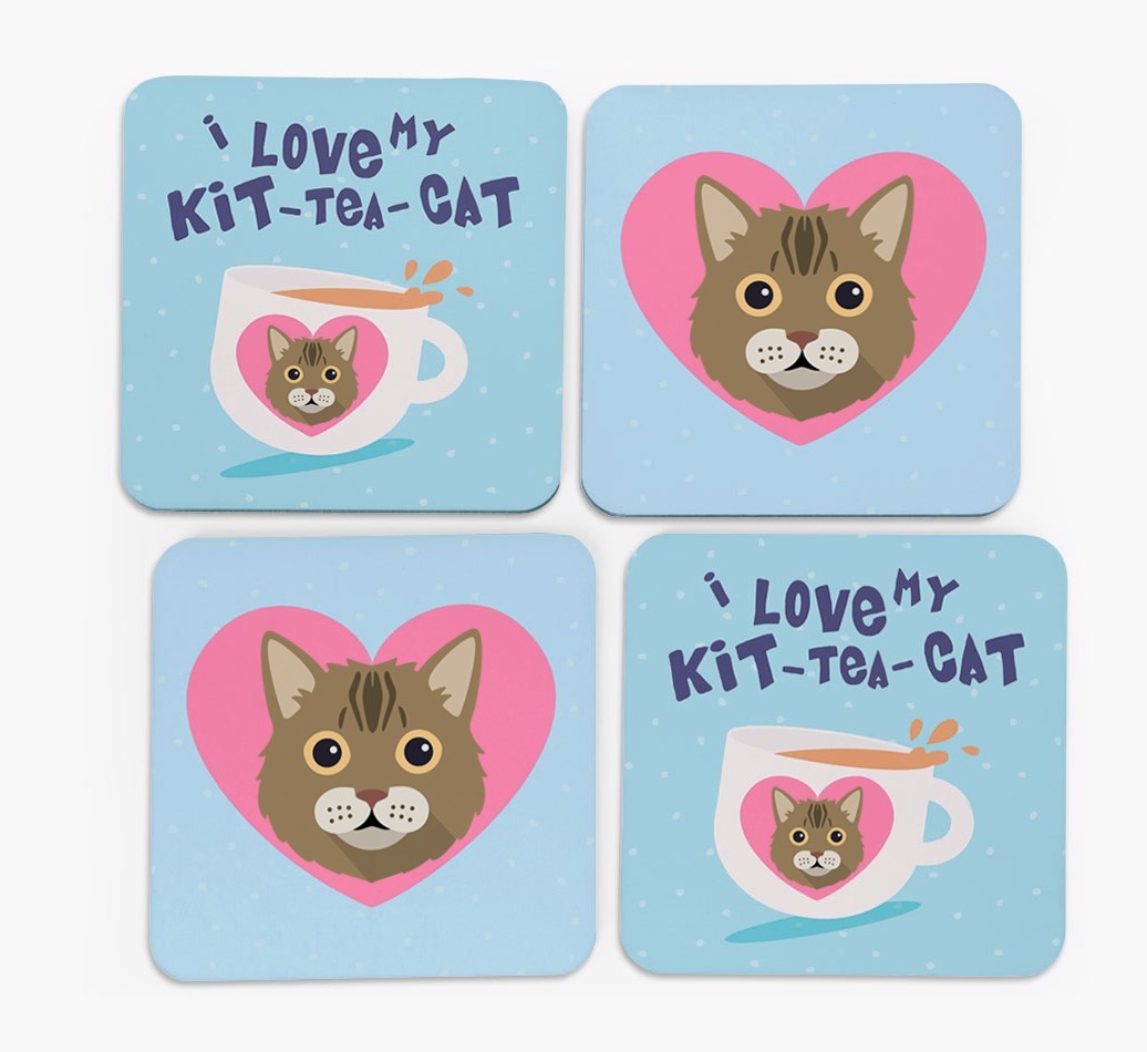 'I Love My Kit-Tea-Cat' - Personalised {breedFullName} Coasters (Set of 4)