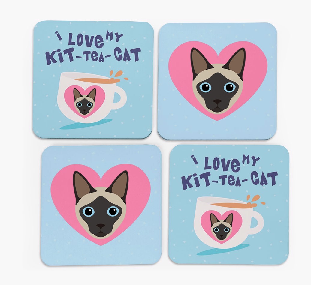 'I Love My Kit-Tea-Cat' - Personalised {breedFullName} Coasters (Set of 4)