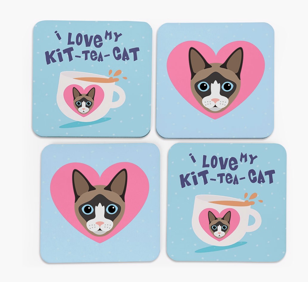 'I Love My Kit-Tea-Cat' - Personalised {breedFullName} Coasters (Set of 4)
