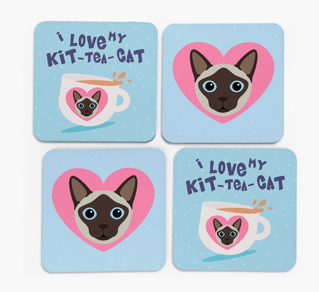 'I Love My Kit-Tea-Cat' - Personalised {breedFullName} Coasters (Set of 4)