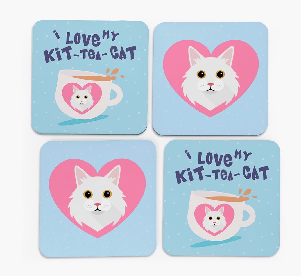 'I Love My Kit-Tea-Cat' - Personalised {breedFullName} Coasters (Set of 4)