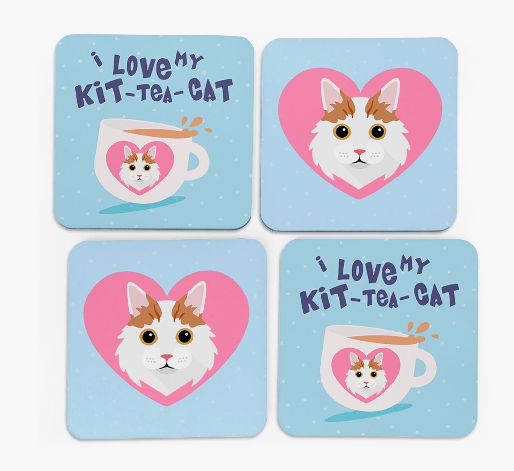 'I Love My Kit-Tea-Cat' - Personalised {breedFullName} Coasters (Set of 4)