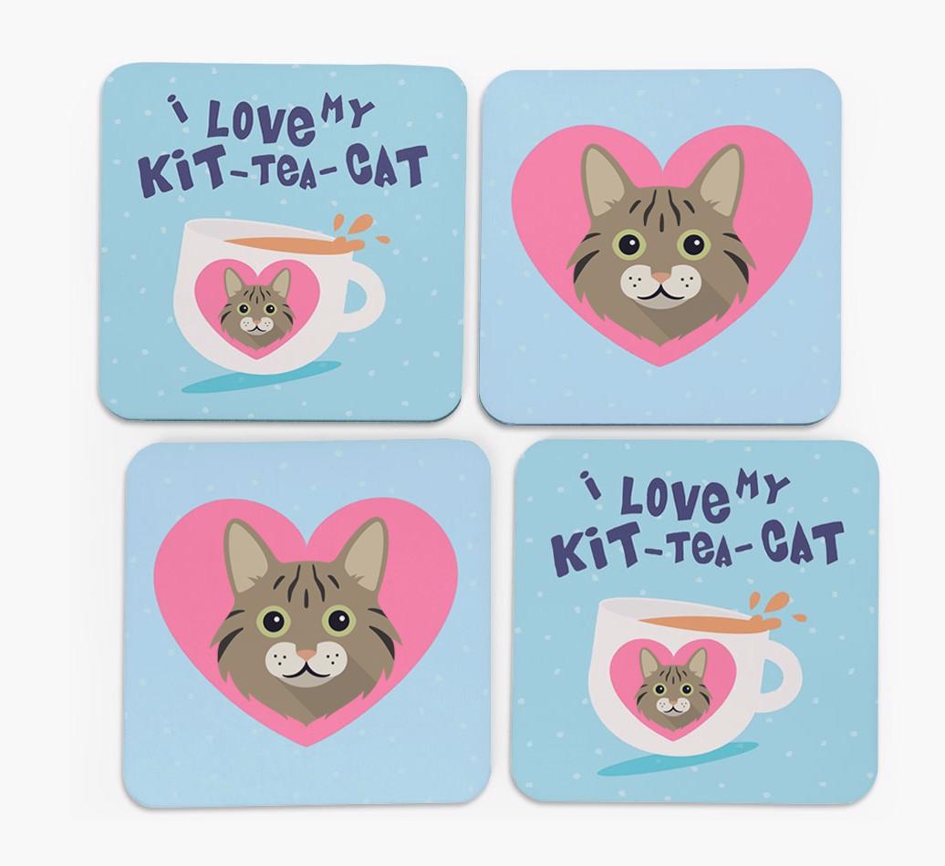 'I Love My Kit-Tea-Cat' - Personalized {breedFullName} Coasters (Set of 4)