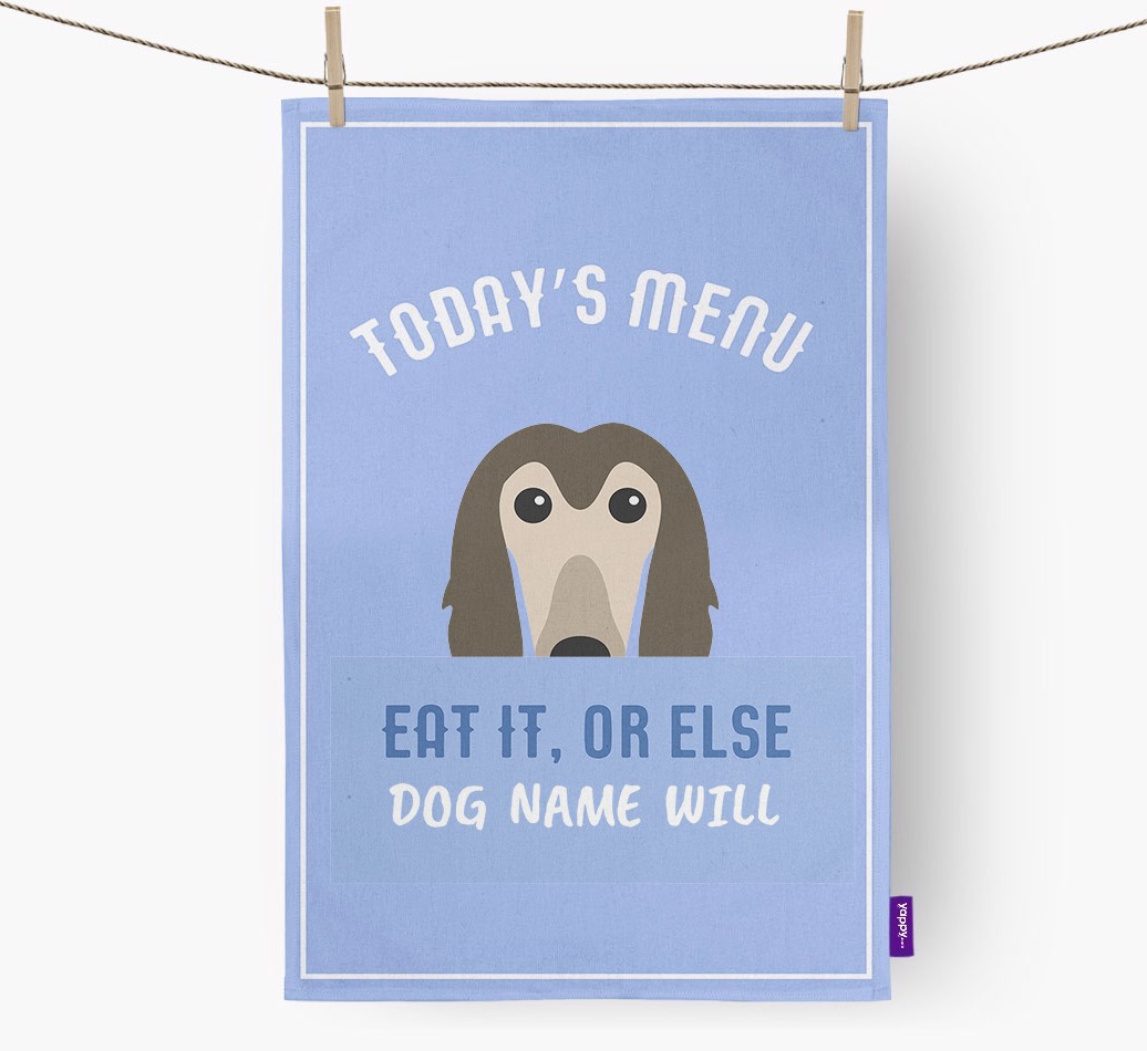 'Eat It, Or Else {dogsName} Will' - Personalised {breedFullName} Tea Towel