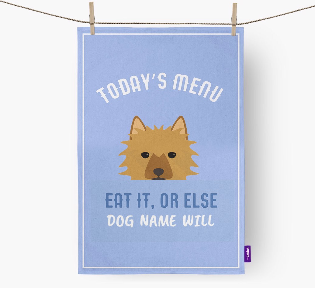 'Eat It, Or Else {dogsName} Will' - Personalised {breedFullName} Tea Towel