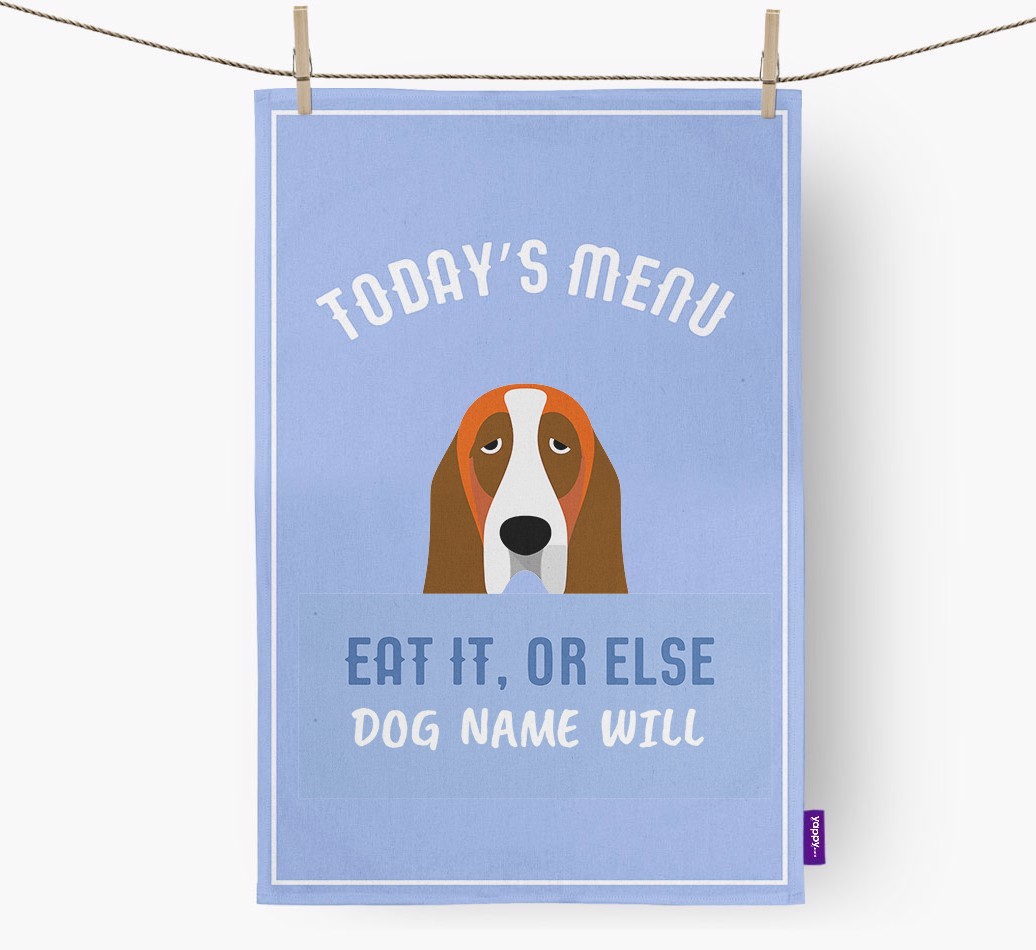 'Eat It, Or Else {dogsName} Will' - Personalised {breedFullName} Tea Towel
