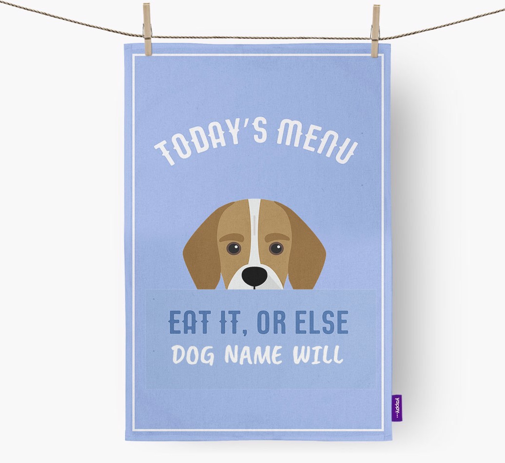 'Eat It, Or Else {dogsName} Will' - Personalised {breedFullName} Tea Towel