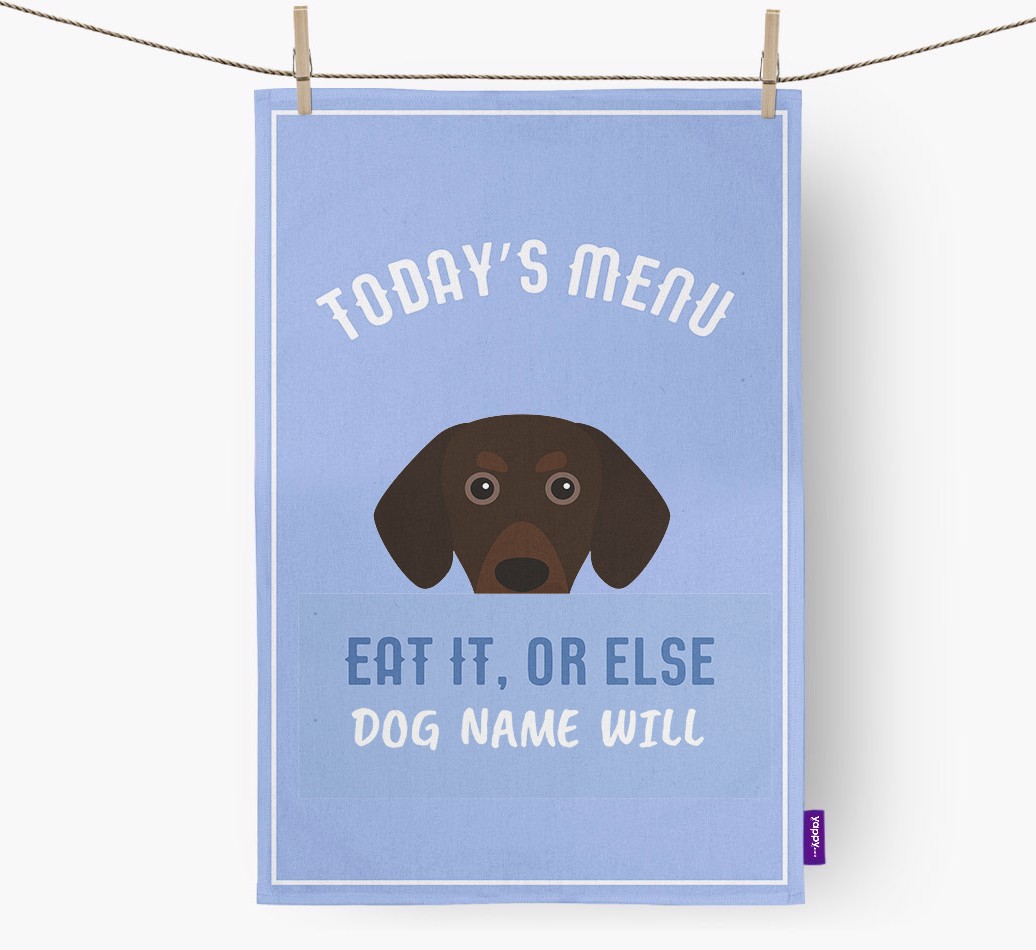 'Eat It, Or Else {dogsName} Will' - Personalised {breedFullName} Tea Towel