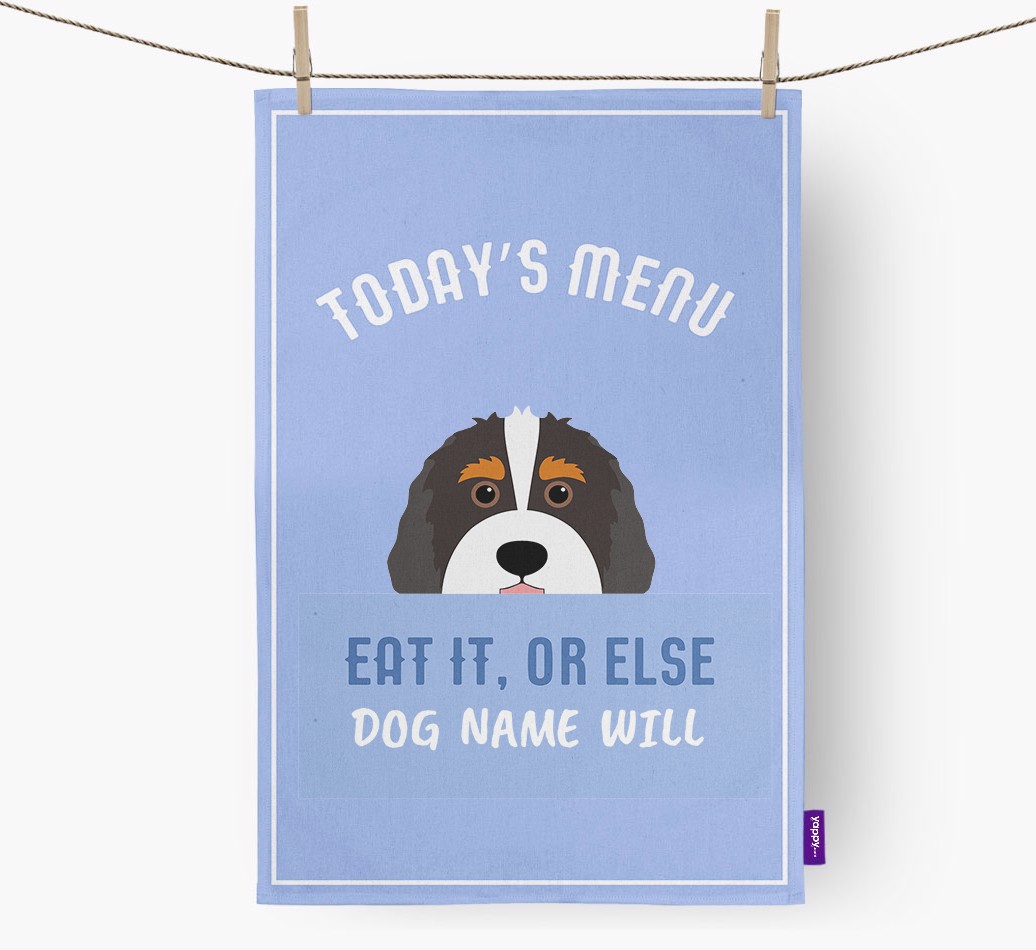 'Eat It, Or Else {dogsName} Will' - Personalised {breedFullName} Tea Towel