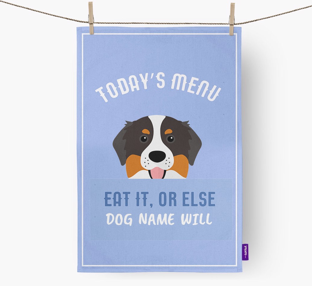 'Eat It, Or Else {dogsName} Will' - Personalised {breedFullName} Tea Towel