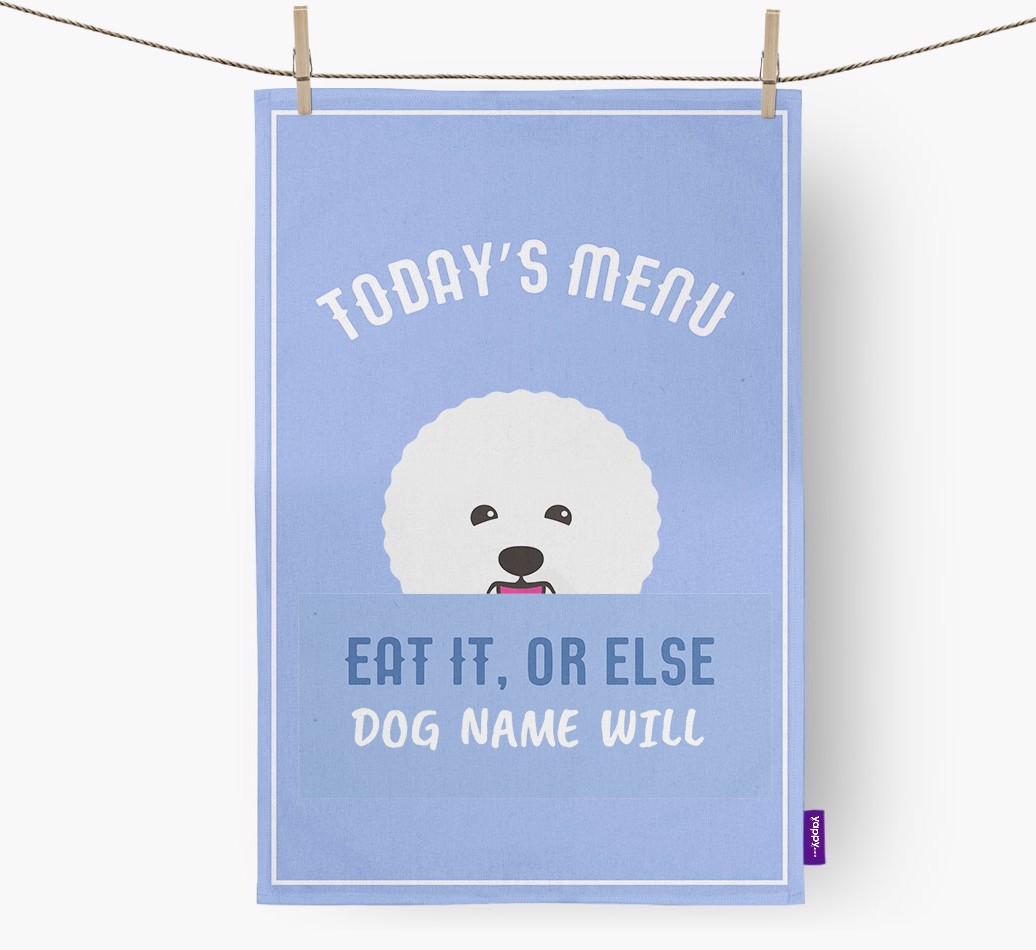 'Eat It, Or Else {dogsName} Will' - Personalised {breedFullName} Tea Towel