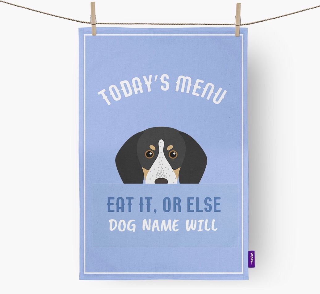 'Eat It, Or Else {dogsName} Will' - Personalised {breedFullName} Tea Towel