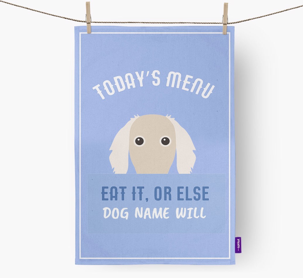 'Eat It, Or Else {dogsName} Will' - Personalised {breedFullName} Tea Towel