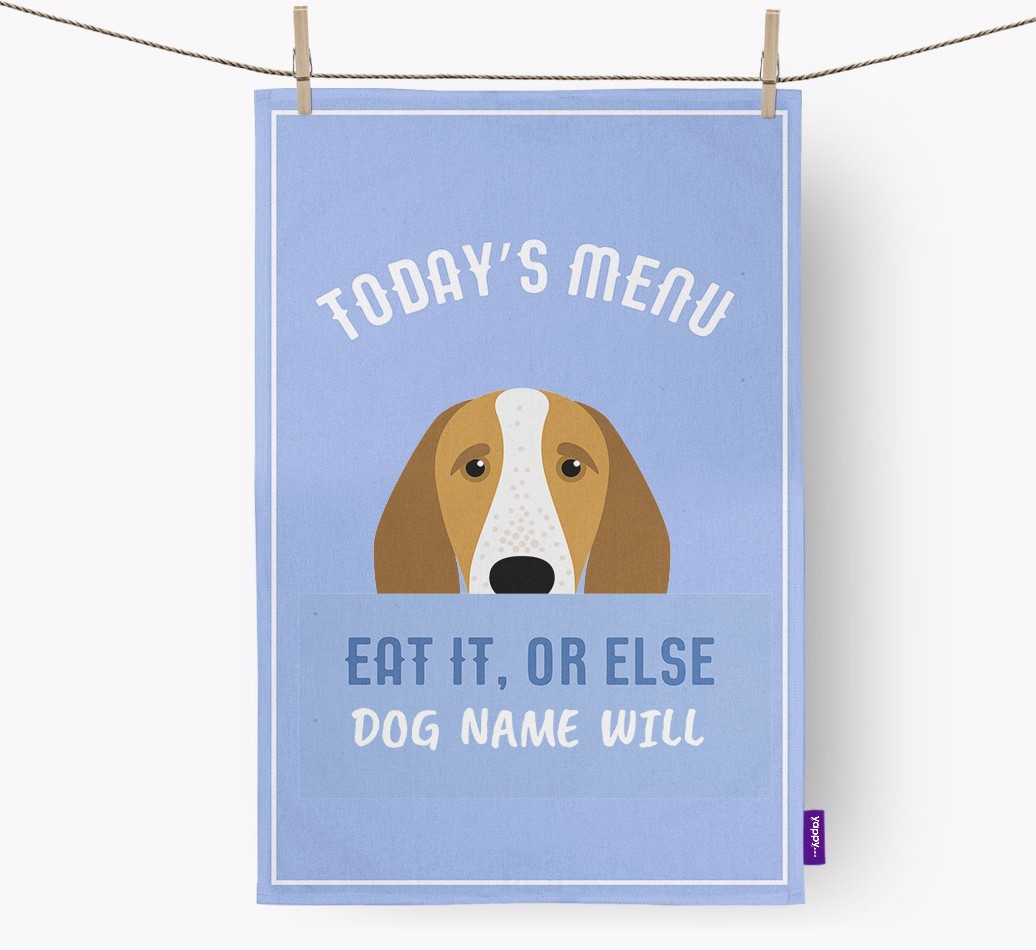 'Eat It, Or Else {dogsName} Will' - Personalised {breedFullName} Tea Towel