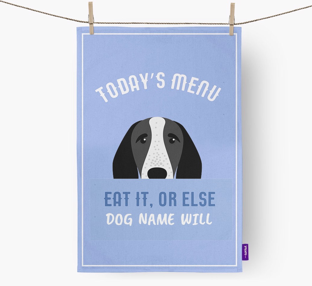 'Eat It, Or Else {dogsName} Will' - Personalised {breedFullName} Tea Towel