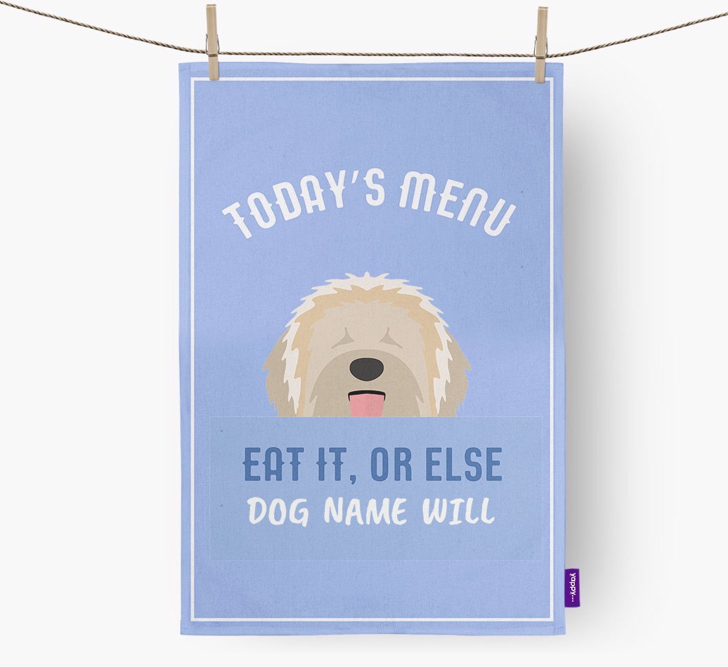 'Eat It, Or Else {dogsName} Will' - Personalised {breedFullName} Tea Towel